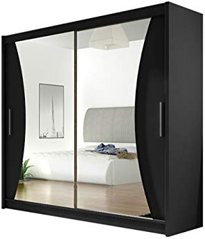 Mirjan24 Schiebetürenschrank London V mit Spiegel, Kleiderschrank, Schwebetürenschrank, Modernes Schlafzimmerschrank 180x215x58cm, Garderobe, Schlafzimmer (Schwarz)