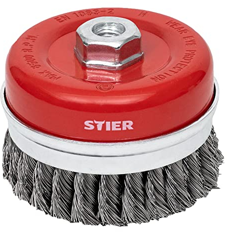 STIER Topfbürste Stahl, gezopfter Draht, für Winkelschleifer, Ø 100 mm, M14, Drahtstärke 0,5 mm, Drahtbürste-flex, Winkelschleifer-Zubehör, Stahlbürste, Drahtbürstenaufsatz