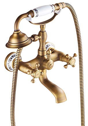 Rubinetto Vasca Bagno, Miscelatore Esterno Per Vasca/doccia 2 Manopole, Con Doccetta & Tubo Flessibile 1.5M & Supporto, Ottone Anticato, Supporto a Parete Per Vasca, Bronzo