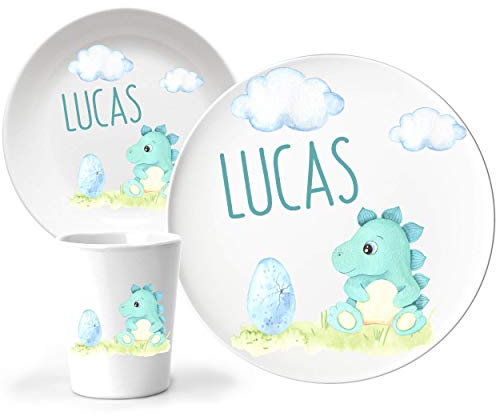 JUNALOO 3-teiliges Kindergeschirr Set mit Namen Taufgeschenk für Jungen Personalisiert - Dinosaurier Kinderteller Dino Teller Set Geschenk zur Geburt