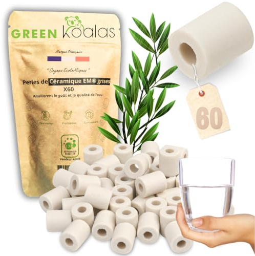 GREEN KOALAS | 60 Véritables Perles de Céramique EM GRISES | Billes de Filtration de l'eau du robinet pour Carafe Machine à café Bouilloire | Purificateur Naturel Efficace sur chlore et calcaire