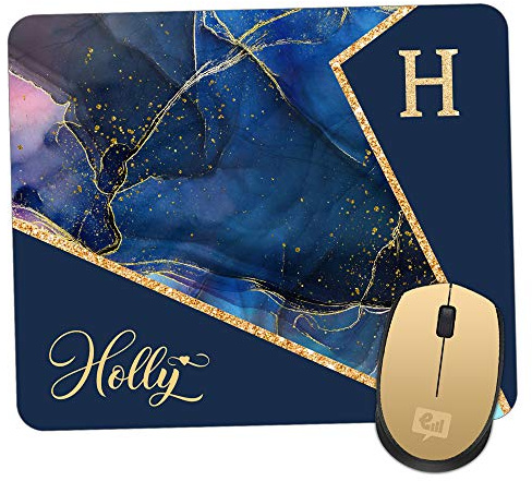 Personalised Mouse Mat - Marble and Glitter Effect - Add Initials and Name - Blue and Gold Non-Slip Rubber Base Pad for PC Laptop Computer Gaming Mousepad Office Home Room