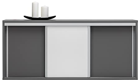 Furniture24 Kommode 160 cm Sideboard mit 3 Schiebetüren Schrank Schiebetürenschrank Büroschränk Grau/Weiß Glanz