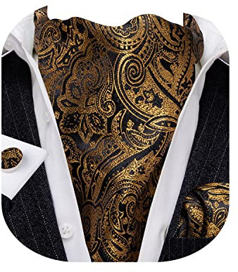 Barry.Wang Herren Paisley Ascot Krawatten-Set mit Taschentuch und Manschettenknöpfen, Seidenjacquard, gewebtes Blumenmuster, Schwarz und Orange Paisleymuster, Einheitsgröße