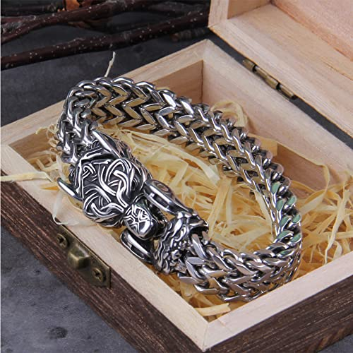 PBTMCD Wolfkopf Manschette Armband, Handgemachte Schwere Webart Edelstahl Punk Biker Armband Kette Fenrir Wikinger Herren Amulett Schmuck Armreif Arm Ring,Wolf,23cm