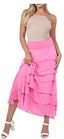 Alam Exclusive Vestido Lagenlook de seda con solapa para mujer, elegante, con volantes, para fiesta, verano, plisado, para resort, fucsia, Talla única