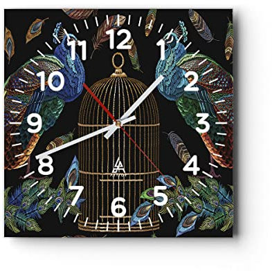 Modern Wanduhr Pfauen Gold Käfig 40x40cm Quadrat Groß Wand Uhr Glas Analog Zimmeruhren Küche Büro Wohnzimmer Glasuhr Wall Clock Dekoration Design Wanddekoration Küchenuhr C4AC40x40-4390