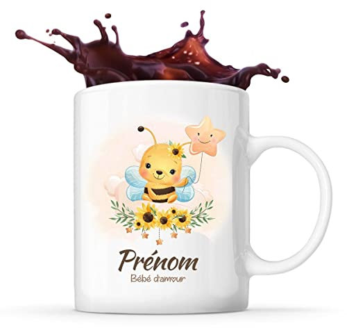 Planetee Tasse prénom personnalisable mignon avec abeille| Mug Cadeau de naissance personnalisé garçon ou fille pour anniversaire