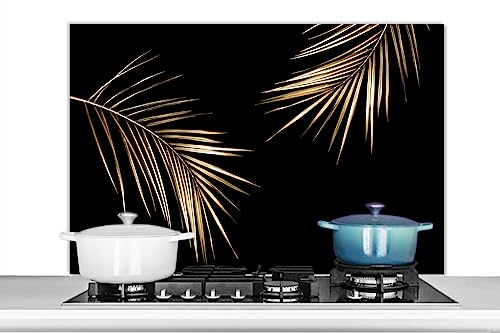 KitchenYeah© Fond de Hotte 100x65 cm Aluminium Crédence Cuisine Décoration Murale Crédence Plaque de Cuisson Anti Projection Feuilles - Plantes - Or - Noir - Luxe