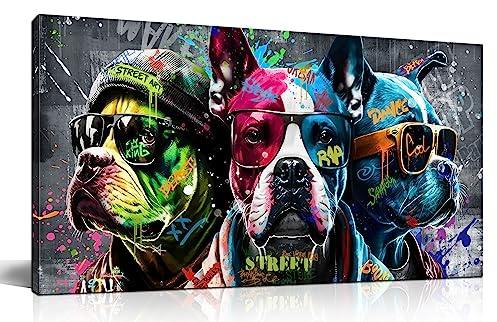 Zoyotago Große Leinwand Wandkunst für Schlafzimmer Wohnzimmer, lustiges Graffiti-Hundebild, cooler Hund, Leinwandbild, fertig zum Aufhängen, Größe 50,8 x 101,6 cm