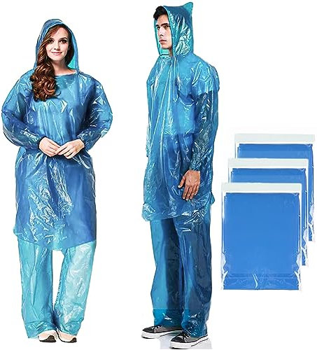 AuRiver Poncho da pioggia usa e getta in 3 pezzi, con pantaloni da pioggia in 3 pezzi, poncho da pioggia con cappuccio, poncho da pioggia, mantello da pioggia impermeabile (Blu - Senza copriscarpe)