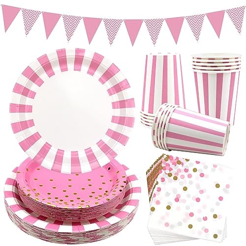 Obussgar Il Set di stoviglie a Righe Rosa Include Piatti, tovaglioli, Bicchieri di Carta per Feste di Compleanno, Lauree, Matrimoni, Baby Shower (Rosa 24)