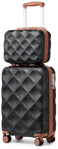 British Traveller Reisekofferset Handgepäck 54x36.5x21.5 cm mit Kosmetikkoffer 31x25x17 cm, Hartschalen-Koffer aus ABS+PC, Schwarz/Braun