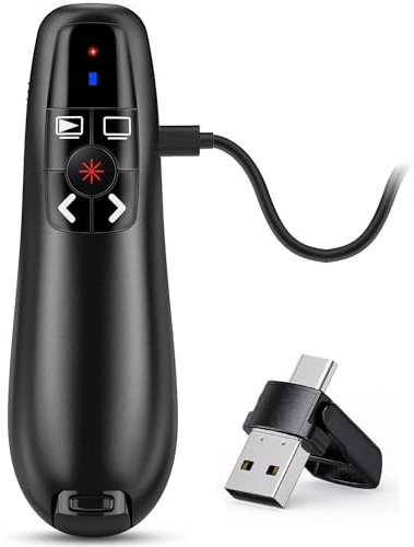 2-in-1 USB Type C Telecommande Ordinateur Powerpoint, 2.4GHz Rechargeable Presentation Cliqueur Zapette Powerpoint Pointeur Slide Présentateur Sans Fil pour Ordinateur PC Portable