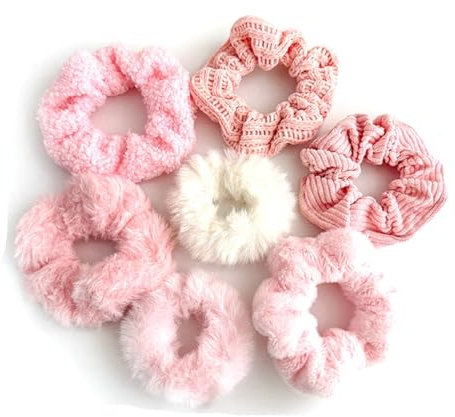 Wisafory 7 Stück Haargummis Scrunchies Set Plüsch Haar Ringe Zopfgummi Elastisches Haarband Pelziges Haarseil Haargummiband Pferdeschwanzhalter Haarschmuck für Frauen Mädchen Rosa Set