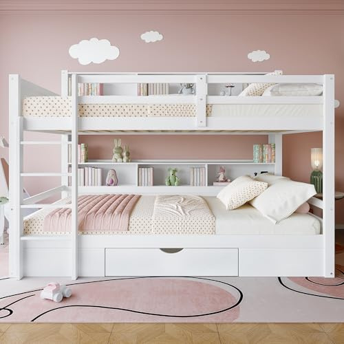 Funktionsbett Etagenbett 90x200 für 2 Kinder, Stockbett mit Bücherregal & Schubladen, Hochbett Kinderbett mit Rausfallschutz und Lattenrost, Massivholz Kinderhochbett Jugendhochbett, Doppelbett (Weiß)