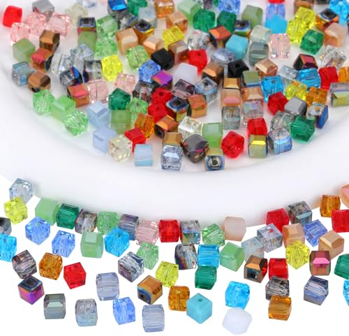 BEEFLYING 200 Pièces de Perles en Verre Cristal Cube de 6mm pour la Fabrication de Bijoux, Perles d'Espace Carrées en Verre pour Bracelet Collier Boucle d'oreille Artisanat DIY (Couleur mélangée)
