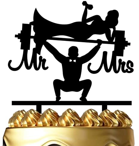 Weight Lifting Wedding Cake Topper Fitness Themed Wedding Cake Topper Weight Lifter Mr and Mrs Cake Decor for Wedding Engagement Anniversary Bridal Shower Party Supplies