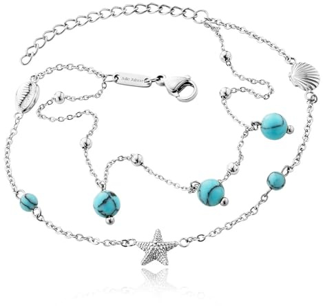 Julie Julsen Anklet SHELL-STARFISH-TURQUOISE für Damen aus Edelstahl mit türkisen Perlen in der Farbe Silber mit JJAC31059S, Länge: 27 cm, JJAC31059S