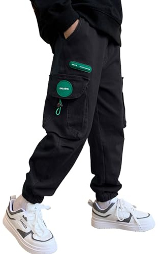 Pantalon Cargo pour Garçon,Style décontracté, Taille élastique, Enfant Jogging Uniforme Scolaire Pantalon de Sport(11233Noir,14-16ans)