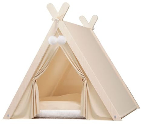 Pet Tipi Zelt mit Kissen, 61 cm, Hunde-Tipi-Bett für große Katzen und Hunde, Innenbereich, Beige, Hundehausmatte für flache und bequeme Erholung