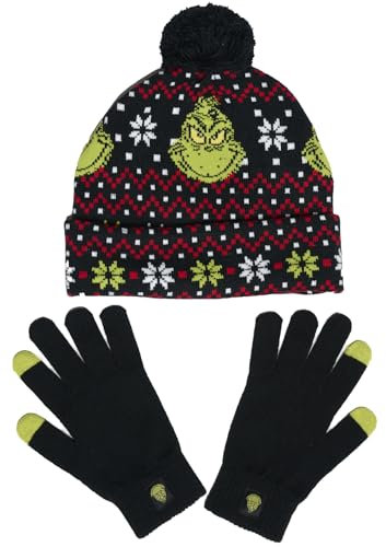 The Grinch Dr. Seuss Strickmütze und Text-Handschuh für Erwachsene, Schwarz, Einheitsgröße