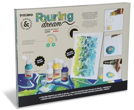 PRIMO Hobby & Professional - Malkoffer für Künstler 14 Jahren, 4 Acrylfarben + 2 Leinwandkartons + 1 Pinsel Set für die Permanente Pouring-Technik 100 ml, Acrylfarbenlack Kreatives Basteln und Hobby