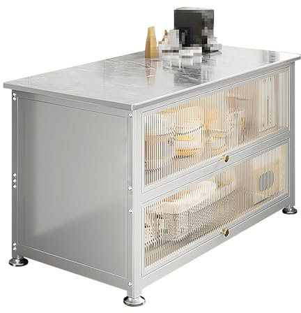 Küchenschrank Organizer 3 Etagen Küchenschrank mit Arbeitsplatte 10mm Steinplatten Arbeitsplatte Gestell aus Kohlenstoffstahl mit Rädern für Küche Wohnzimmer(White,60 * 40 * 80cm)