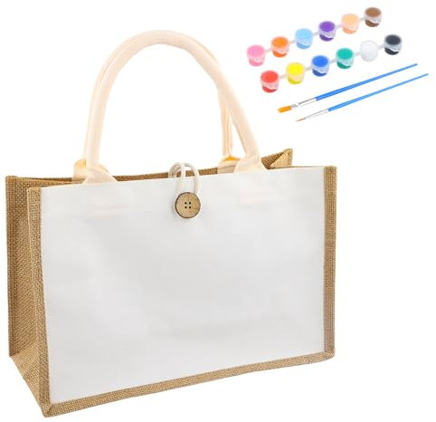 YILANJIN Jute Bag, Reusable Jute Gift Totes, Button Closure Design, Water Resistant Beach Bag, DIY Jute Tote Bag with12 Colours of Paint, 2 Brushes for DIY, Shopping, Travel, Daily Life 32X21X13CM