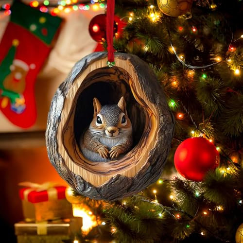 Animal Christmas Ornaments - Acrylic Racoon Owl Tree Decorations, 2D Pattern Forest Animal Decoration (A)