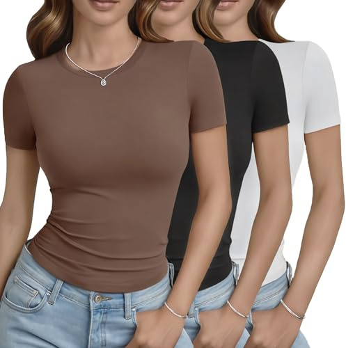 GAYHAY 3 Pack Basic Tees for Women - Crew Neck Slim Fit Tight T Shirts Cute Y2K Trendy Crop Tops Clothes for Casual Summer 2025 Black White Brown