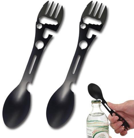 ZORTVUL 2 Pièces Cuillère Fourchette Multifonctionnelle Cuillère À Soupe En Acier Inox Couvert De Voyage Portable Couvert De Camping A Rgente Cuillère À Table Pour Randonnée Plein Air Pique-Ni