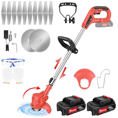 Grass Trimmer | Lightweight Cordless Strimmer | Powerful 10000 RPM | Height Adjustable | 21V Lithium Battery 60 Mins Runtime | 12 Metal Blades | for Lawn Edger Pruning Weed, Red