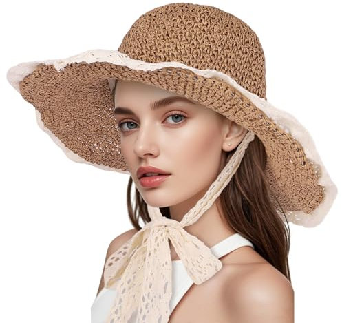 Chapeau de Paille pour Femme en Crochet - Élégant de Soleil à Large Bord Pliable avec Dentelle