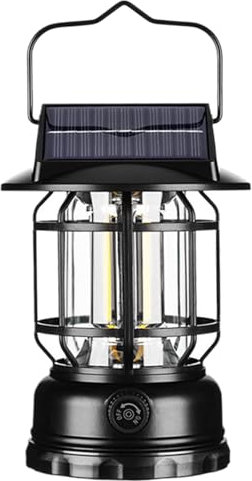 Linterna de camping, lámpara de energía solar, impermeable, recargable, portátil, COB para exteriores, jardín, decoración de patio, 4.65 x 6.65 pulgadas, 450 g, negro, aleación de aluminio ABS