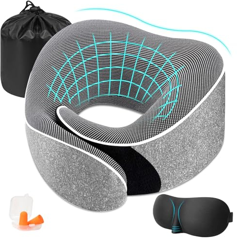 Nackenkissen Flugzeug, Reisekissen Memory Foam, Ergonomisch Gestaltetes Nackenhörnchen Erwachsene, Reise Nackenkissen mit 3D Schlafmaske Ohrstöpsel Netztasche Ideal für Reisen, Flugzeug, Auto (Grau)