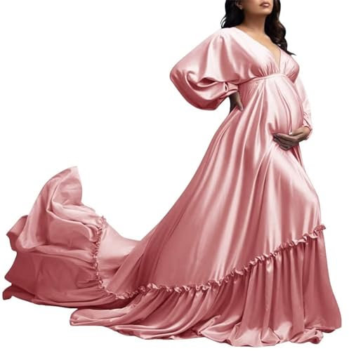 AH098 - Vestito da maternità a maniche lunghe, in raso a sbuffo, per servizio fotografico, festa del bambino, rosa antico, 52/regolare