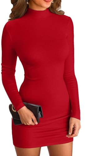 VICHYIE Vestito Bodycon a Collo Alto a Coste per Donne, Vestito Corto a Maniche Lunghe a Taglio Tubolare