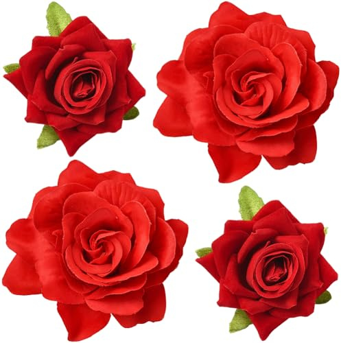 SOFPLATE 4 Pince à Cheveux en Forme de Rose Rouge 2 en 1 pièces Épingles à Cheveux en Tissu Accessoires pour la Saint Valentin Les Mariages Les Fêtes Les Chapeaux Les Sacs Les Vêtements la Décoration