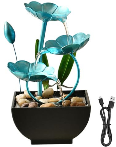 FONTA di Acqua CABLETOPILE 5x5x9in Decorazioni di Loto Interno a Cascata FONTAIN USB Mini Zen Rilassamento Fiore per Ufficio, Soggiorno, Camera da Letto (Blu)