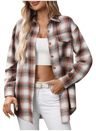 Women Plaid Shirt,Ladies Checked Lapel Long Sleeve Button Down Tartan Flannel Shirts with Pocket Office Work Blouses Fall Winter Comforty Jackets Casual Loose Coats Boyfriend Tops UK Size 8-16