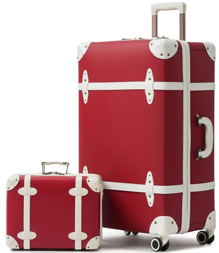 Urecity Vintage Reisekoffer Set 2 Teilig Leicht Retro Lederkoffer Hartschale Trolley Handgepäck Sets mit TSA Schloss und 8 Rollen (Rot, S(14)+M(20))