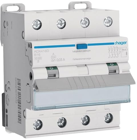 FI/LS-Schutzschalter Hager ADX416D, Kompaktes Gerät B16A 3-polig 3P+N, integrierter FI-Schutzschalter 30mA, Einzelabsicherung und nur 71mm Breite 4TE