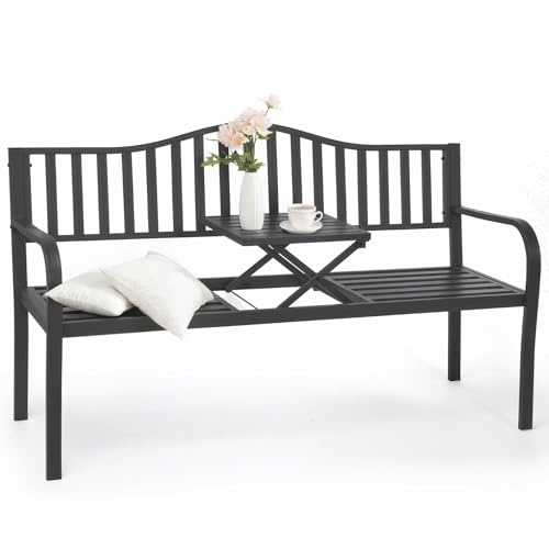 Gartenbank Aus Metall for Den Außenbereich, Terrassenbank Mit Eingebautem Tisch, Parkbank, Außenbank, Wetterfeste Bank for Die Veranda