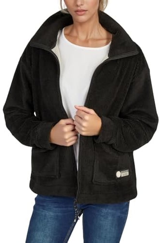 DENIMFY Fleecejacke Damen Regular Fit DFKira Teddyfleece Winterjacke | Übergangsjacke Stehkragen Schwarz Beige Braun S M L XL XXL