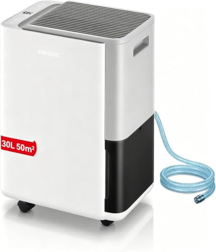 FOHERE Deumidificatore da 30 l/giorno, umidificatore fino a 50 m², per cantina, bagno e camera da letto, con igrostato, tubo di scarico, asciugatura della biancheria, modalità sleep, timer 24 ore e