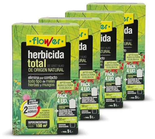 Flower x4 Herbicide Total Écologique d'Origine Naturelle 600 m² | Élimine les Mauvaises Herbes et les Mousses | Alternative au Glyphosate | Résultats en 2 Heures | 1000ml + Doseur pour Diluer 20L