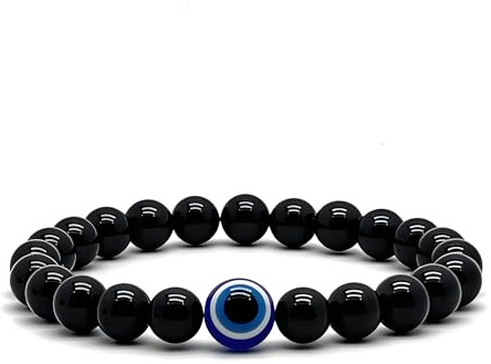 arana's® - Pulsera TURMALINA NEGRA con ojo turco - Cuentas de bolas 8 mm - Piedras energéticas para mujer y hombre - Protección ondas electromagnéticas y envidia - Repele malas energías