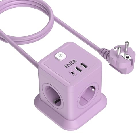 FDTEK Lila Steckdosenwürfel mit USB C, 4 Fach Mehrfachsteckdose 2500W/10A | 7-in-1 Würfel Mehrfachstecker mit Schaltbar, 2 USB-A und 1 USB-C, 1,8M Kabel, Tragbar Cube Steckdosenleiste für Büro, Hause