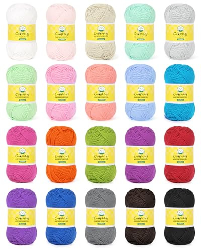 Coopay Wolle zum Häkeln, 100% Bunt Baumwolle zum Stricken, 20 x 25g Weiches Häkelgarn Baumwolle zum Häkeln, Topflappengarn Babywolle Baumwollgarn Set für Pullover, Socken, Babydecke (500g 20 Farben)